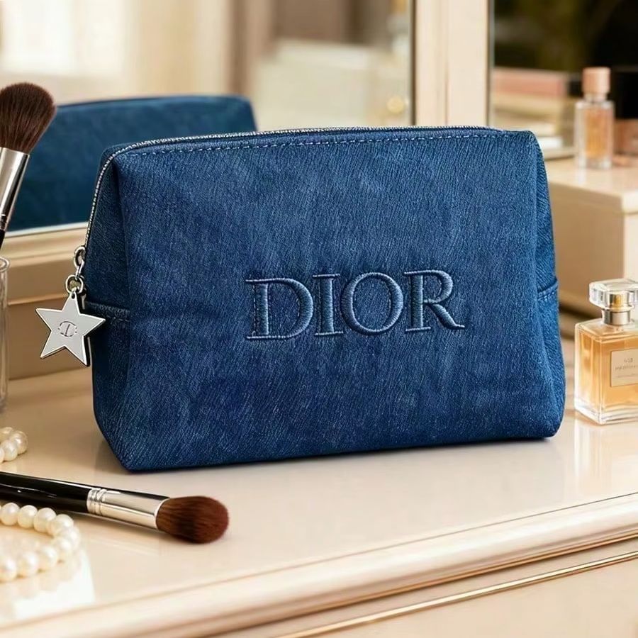 Luxury Bags Dior - Dior Dark Denim Embroidered Logo Cosmetic