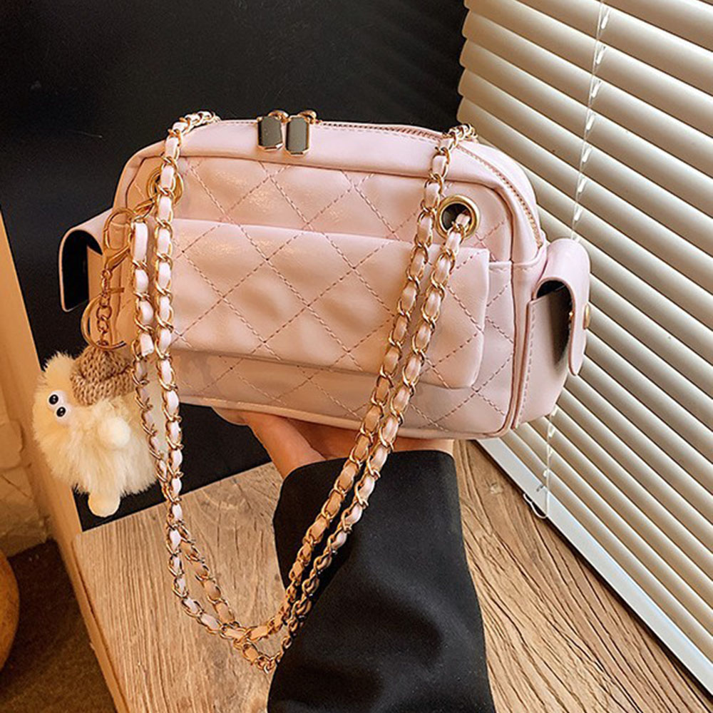 Chain Crossbody Quilted - Quilted Pattern Chain Design Crossbody Bag